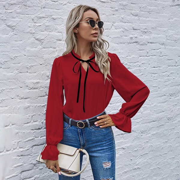 

Tie Neck Flounce Sleeve Blouse, Burgundy