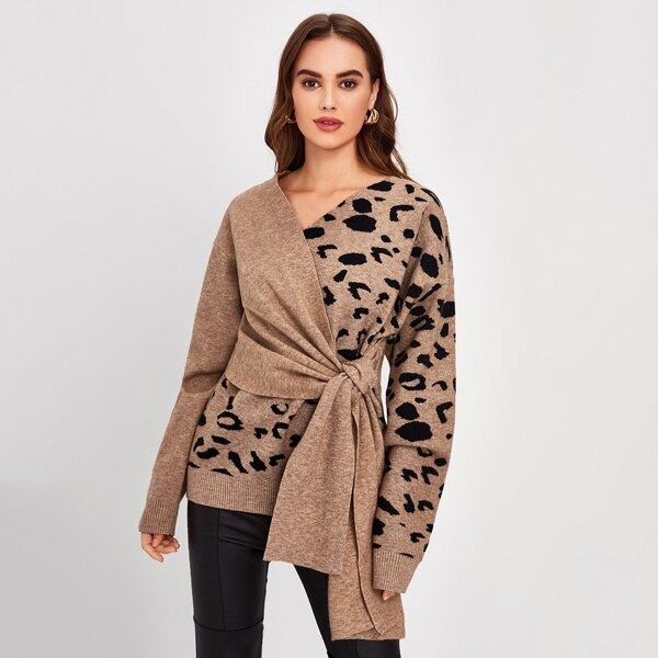 

Surplice Neck Tie Front Leopard Pattern Sweater, Khaki