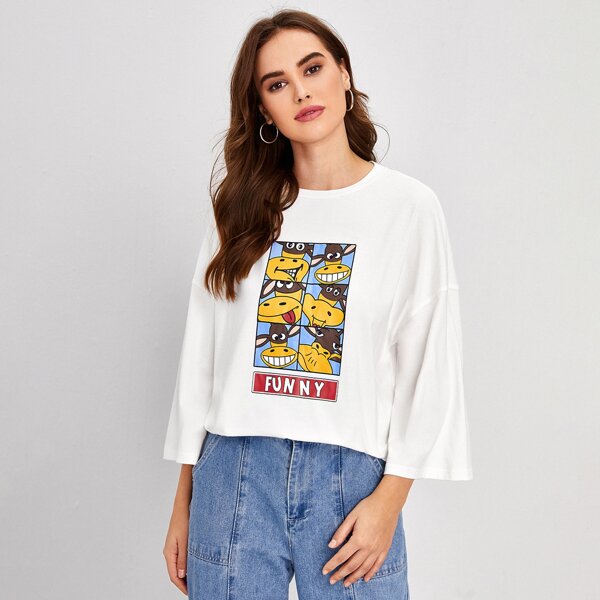 

Drop Shoulder Cartoon & Letter Graphic Tee, White