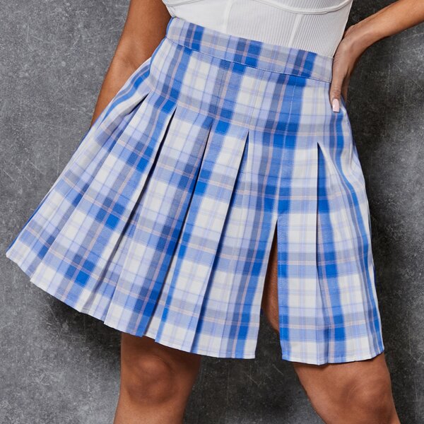 

Plus Slit Hem Tartan Pleated Skirt, Blue and white