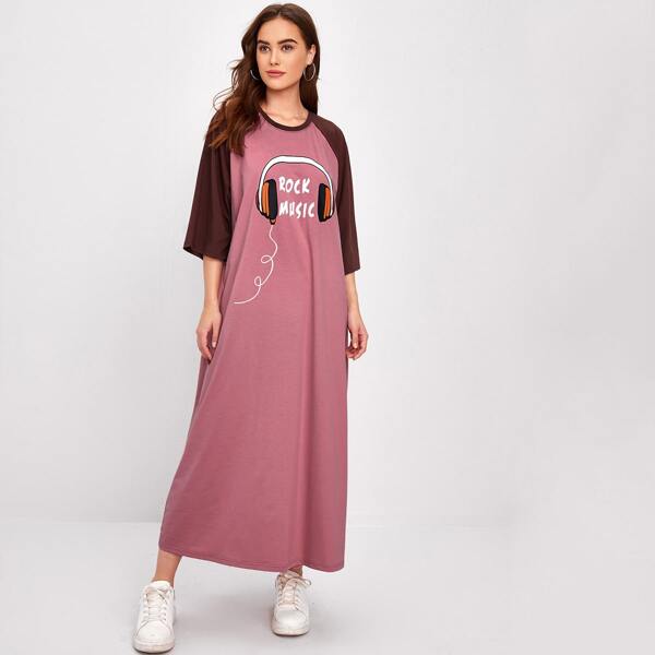 

Letter Graphic Colorblock Dress, Dusty pink