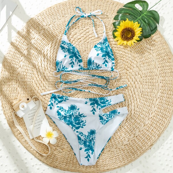 

Flower Print Cut Out Triangle Bikini Swimsuit, Blue and white