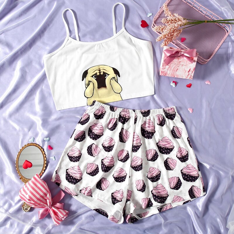 

Cartoon Print Shorts PJ Set, Multicolor