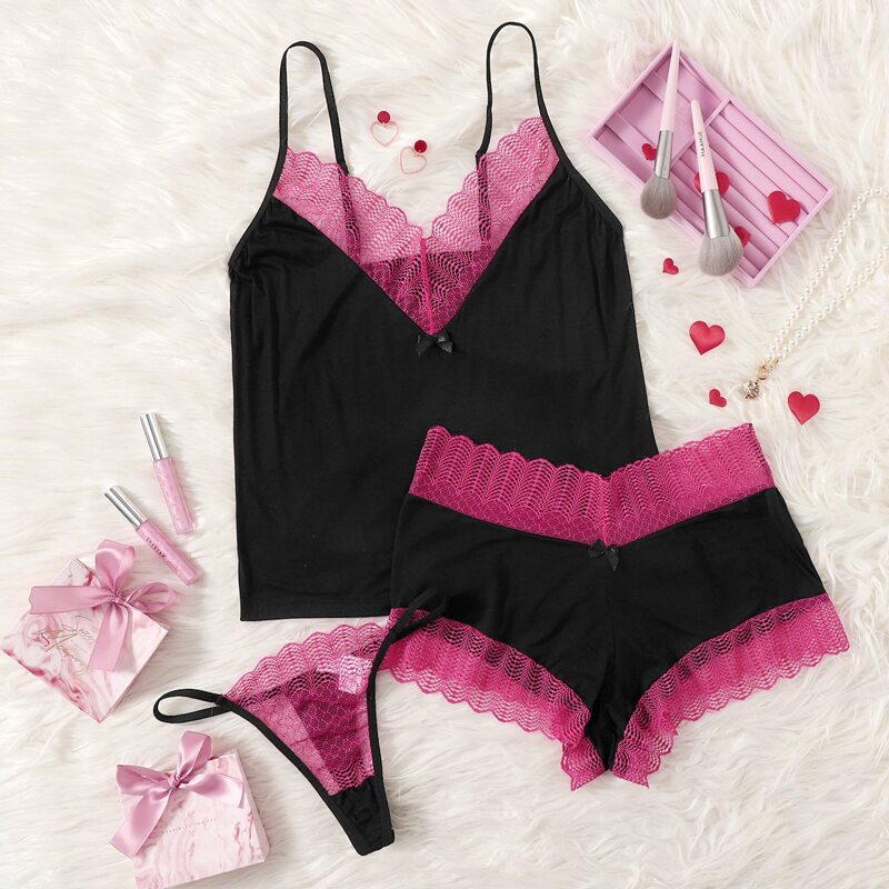 3pack Contrast Lace Lingerie Set, Black