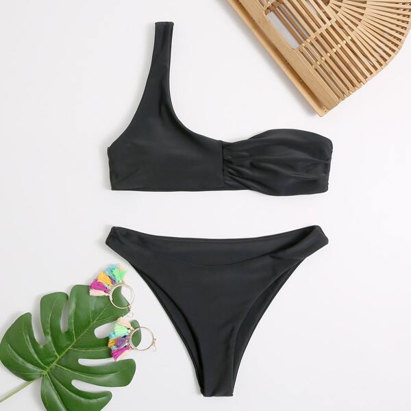 

Solid One Shoulder Bikini Swimsuit, Black