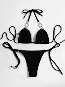 Ring Linked Micro Triangle Bikini Set Summer Beach
