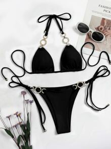 Ring Linked Micro Triangle Bikini Set Summer Beach
