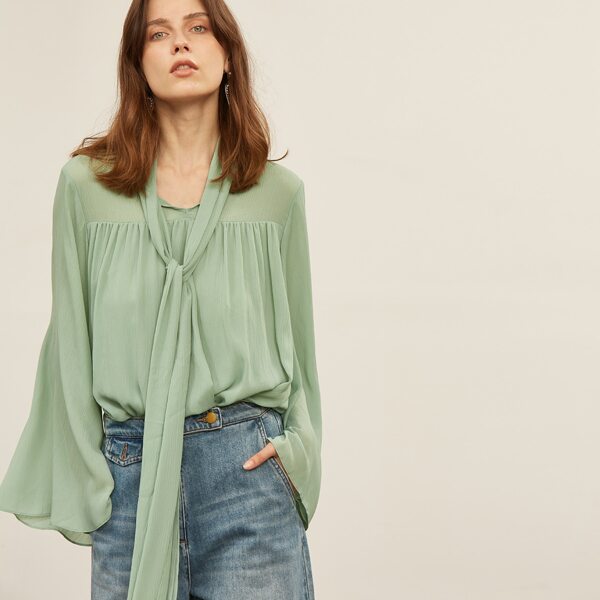 

CHIFFON BELL SLEEVE TIE NECK TOP, Pastel mint green