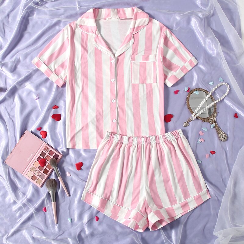 

Stripe Button Up Shorts PJ Set, Multicolor