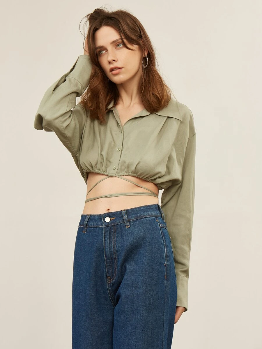 SHEIN Top corto de hombros caídos - Verde militar - Ver 1
