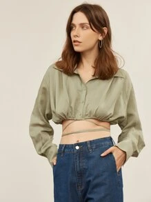SHEIN Top corto de hombros caídos - Verde militar - Ver 4