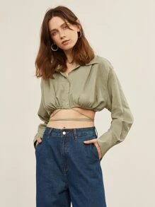 SHEIN Top corto de hombros caídos - Verde militar - Ver 6