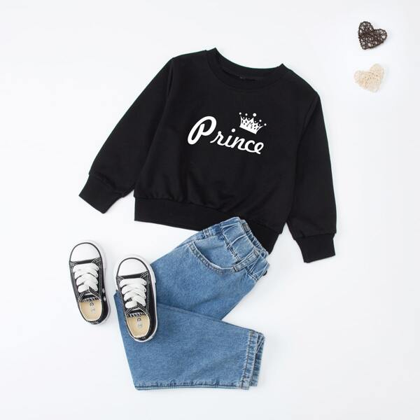 

Toddler Boys 1pc Letter & Crown Print Sweatshirt, Black
