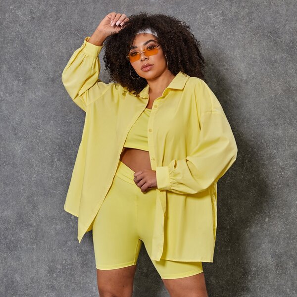 

Plus Drop Shoulder Single Breasted Blouse, Yellow
