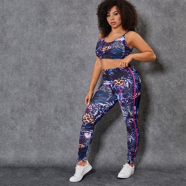 

Plus Animal Print Cami Top & Tape Side Leggings Set, Multicolor