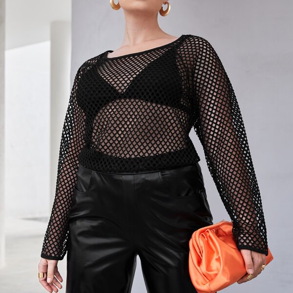 

Plus Fishnet Sheer Solid Top Without Bra, Black