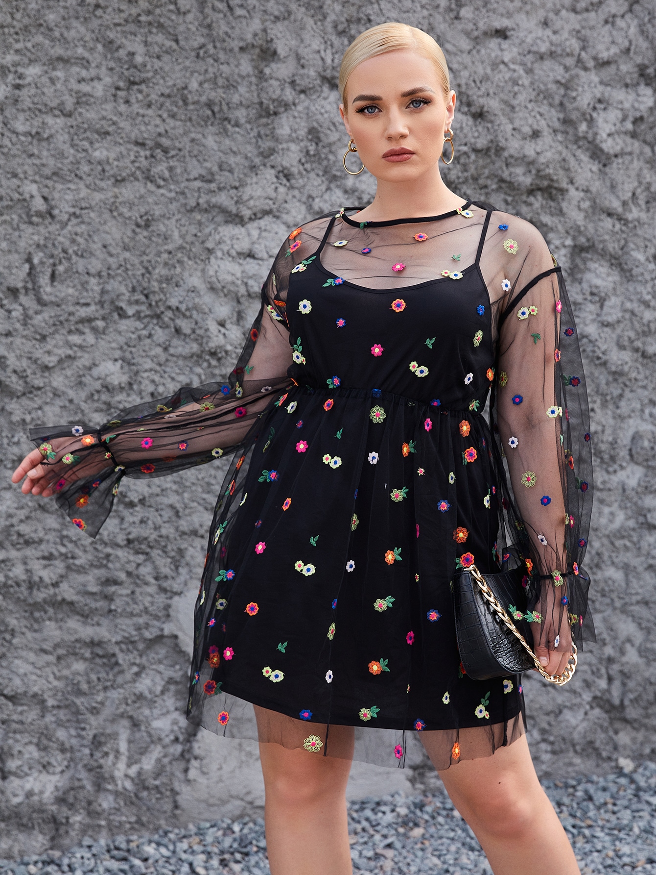 Plus Flower Embroidered Mesh Overlay Dress thumbnail