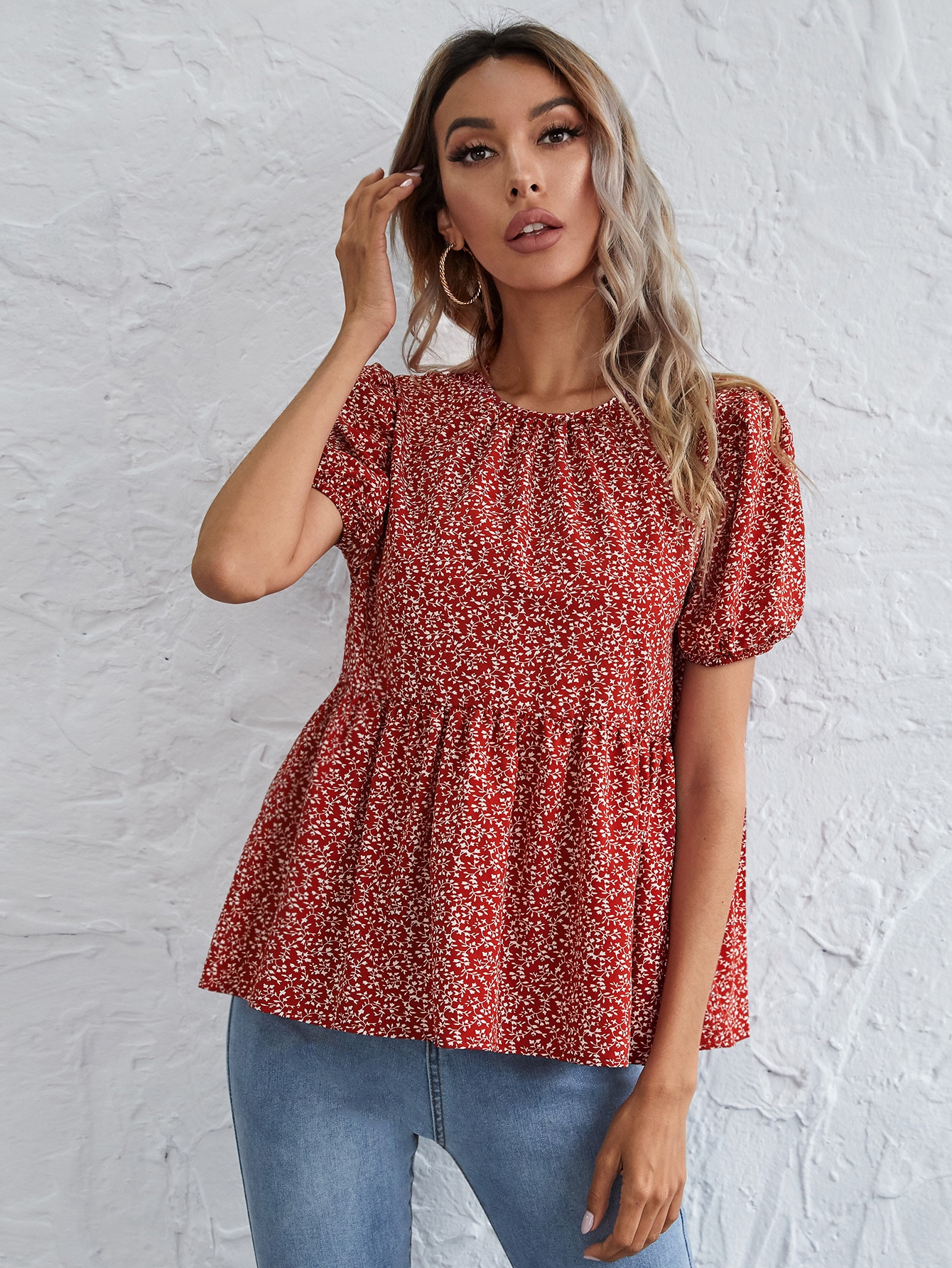 Allover Plants Print Peplum Top thumbnail