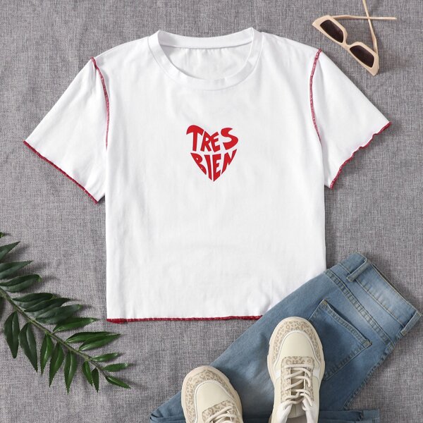

Plus Letter Graphic Contrast Stitching Tee, White
