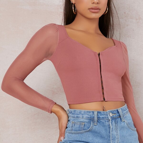 

Sheer Mesh Sleeve Hook-and-Eye Crop Top, Mauve purple