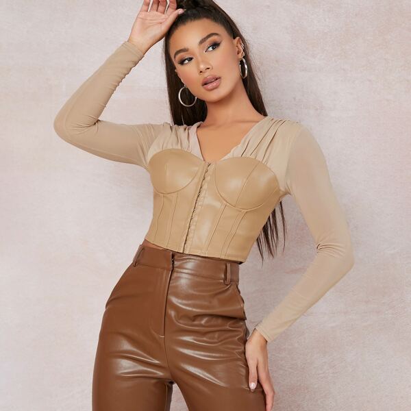 

Faux Leather Bustier-Style Mesh Sleeve Top, Apricot