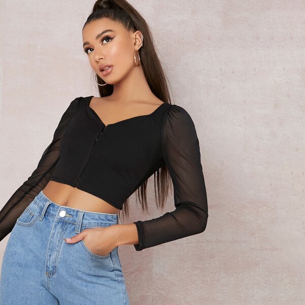 

Hook-and-Eye Mesh Long Sleeve Crop Top, Black