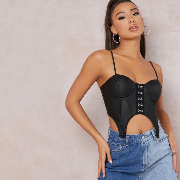 

Faux Leather Bustier Cropped Cami Top, Black