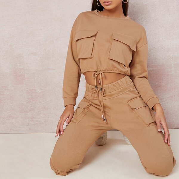 

French Terry Drawstring Top & Cargo Joggers Set, Brown