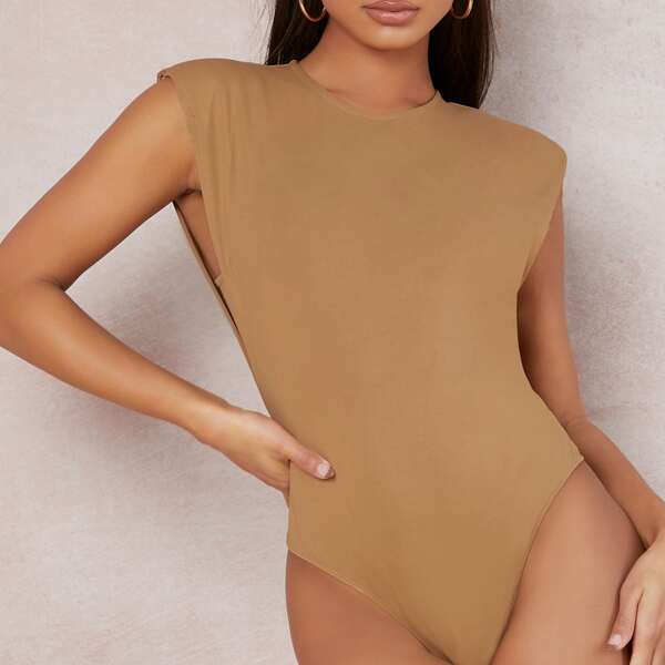

Shoulder Pads Zip-Up Thong Bodysuit, Brown