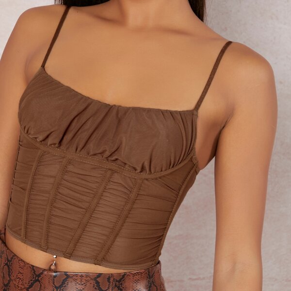 

Ruched Sheer-Mesh Binded Cropped Cami Top, Coffee brown
