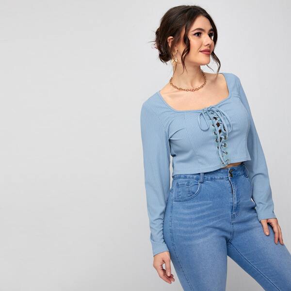 

Plus Lace Up Ribbed Crop Top, Dusty blue