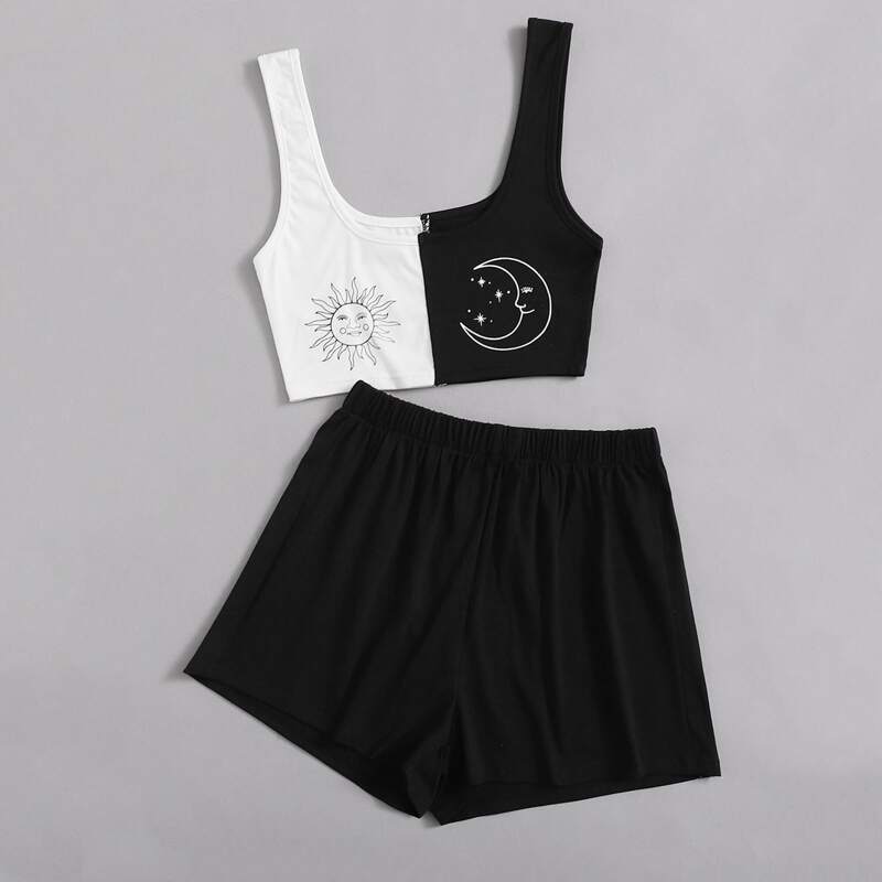 

Sun & Moon Graphic Crop Tank & Shorts, Black and white