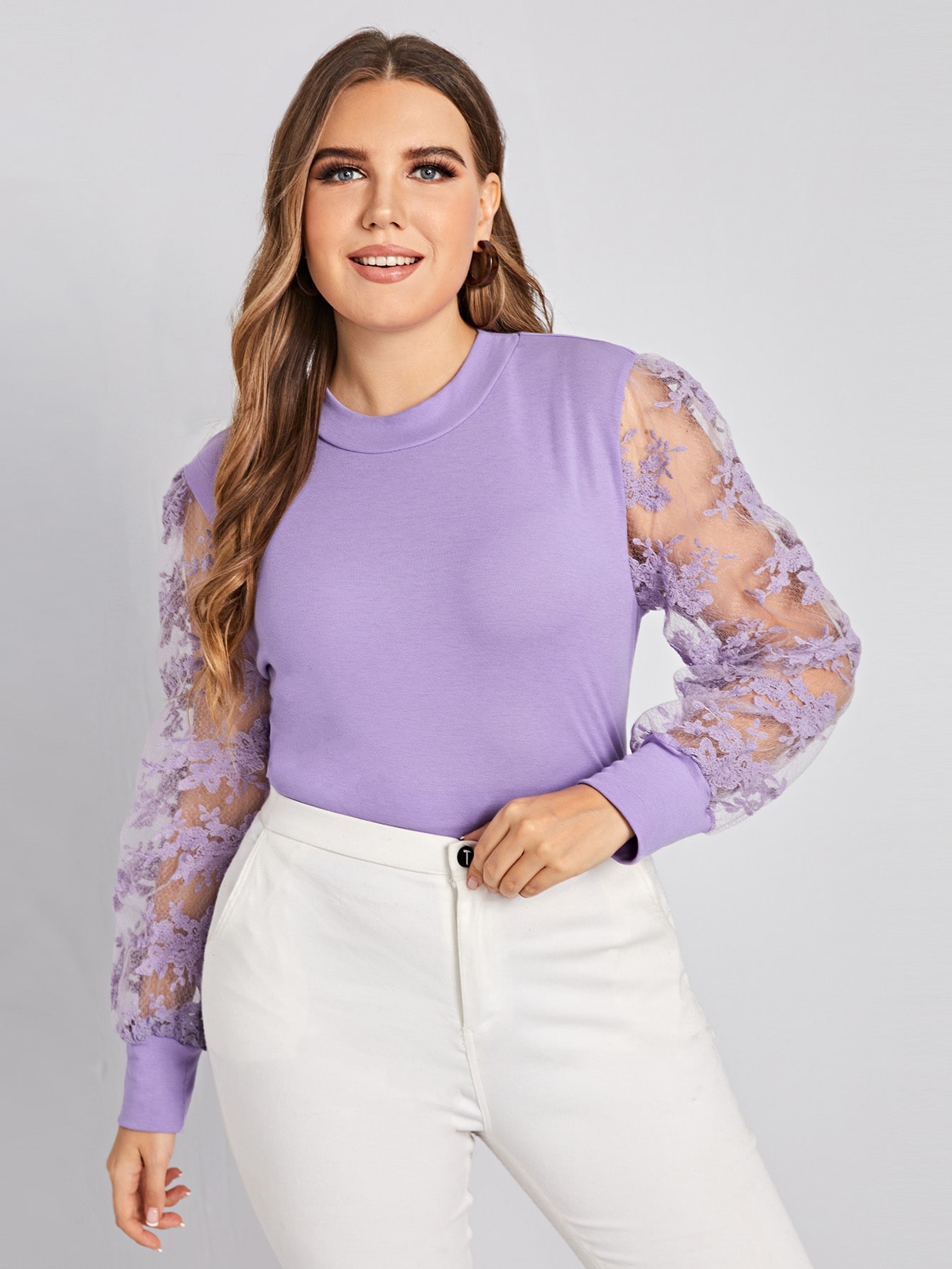 Plus Contrast Lace Sleeve Top thumbnail
