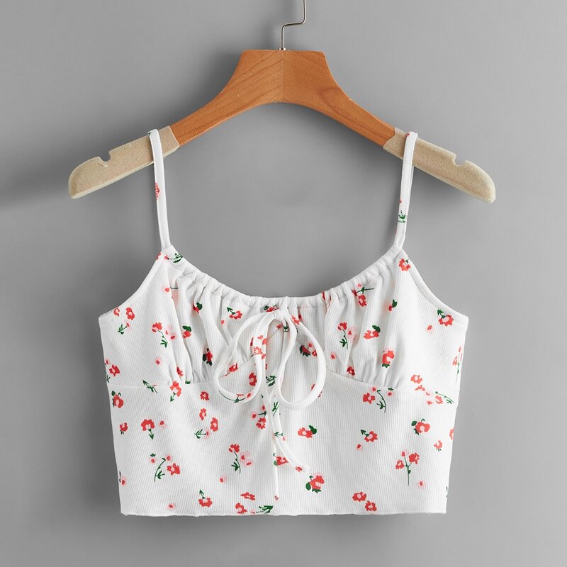 

Tie Front Ditsy Floral Crop Cami, White
