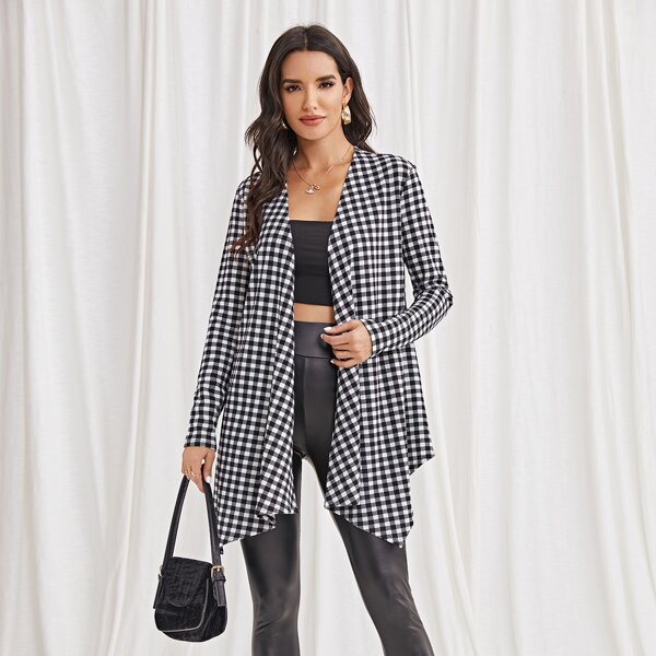 

Buffalo Plaid Open Front Coat, Black and white