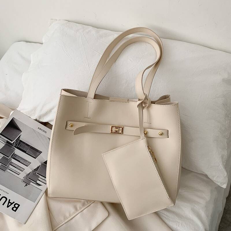 

Solid Tote Bag With Purse, Beige