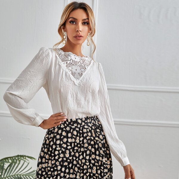 

Lace Detail Lantern Sleeve Top, White