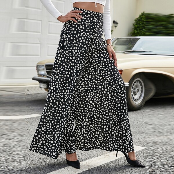 

Zip Back Dalmatian Print Wide Leg Pants, Black