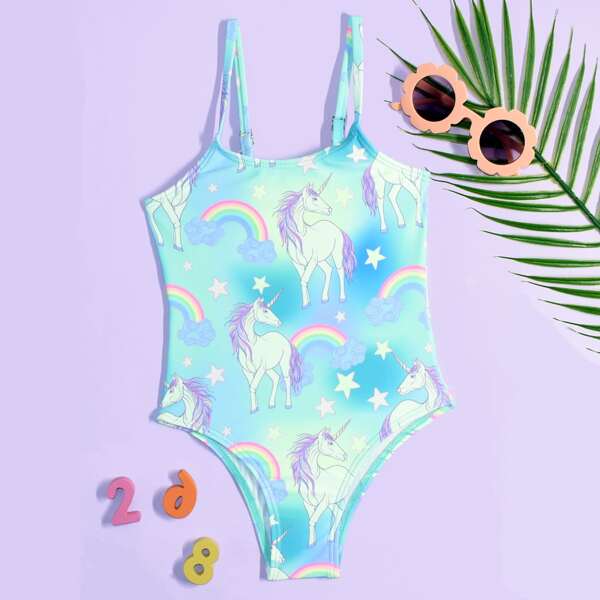 

Toddler Girls Unicorn Print One Piece Swimsuit, Multicolor