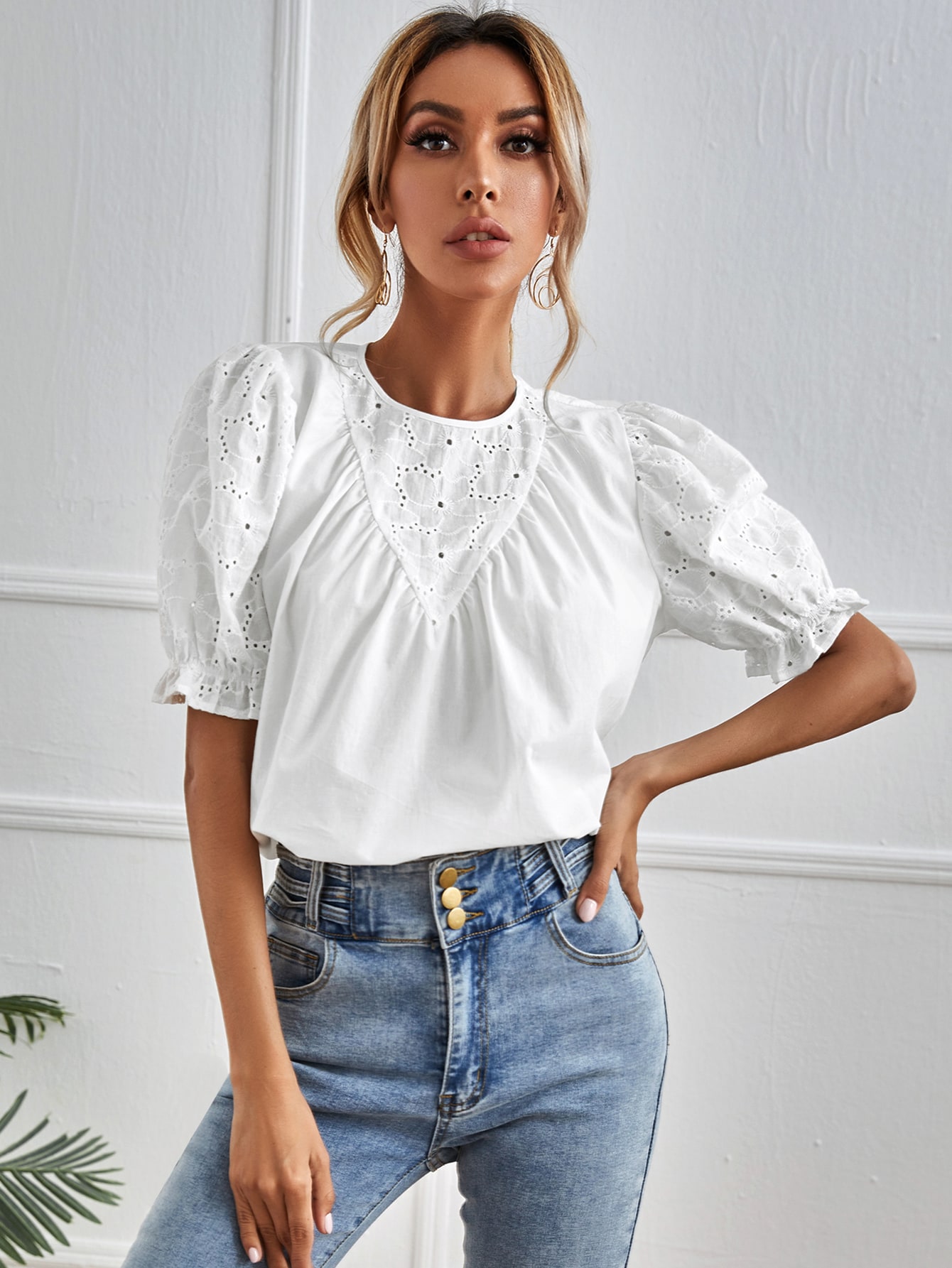 Eyelet Embroidered Puff Sleeve Top thumbnail