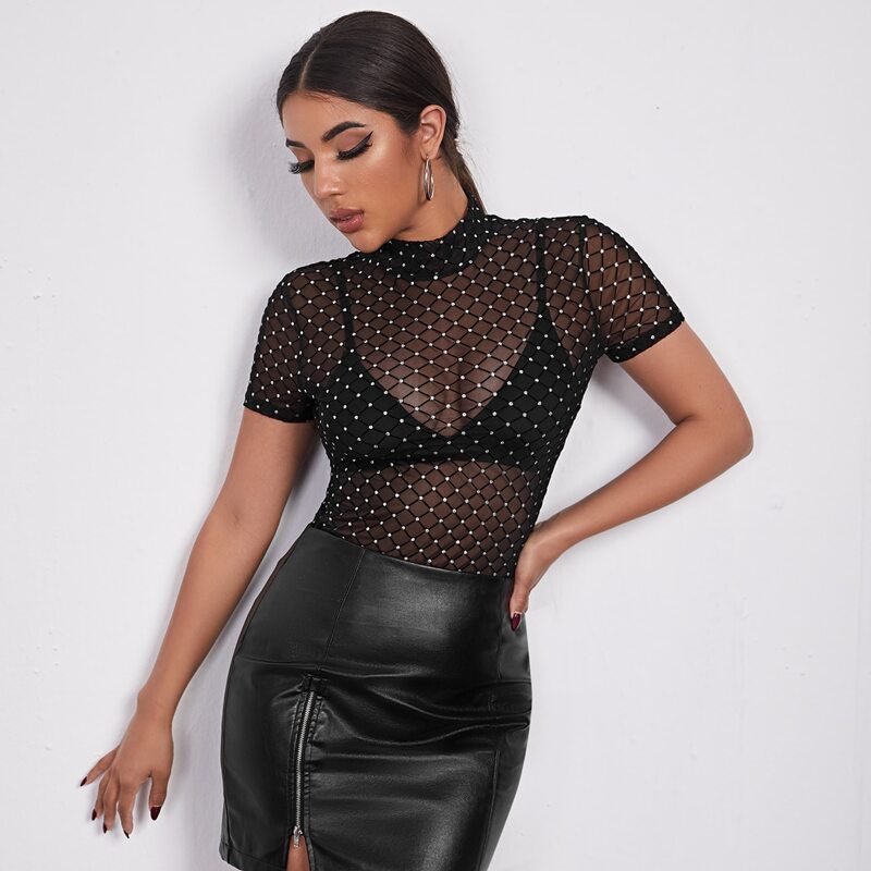 

Mock-Neck Rhinestone Mesh Top Without Bra, Black