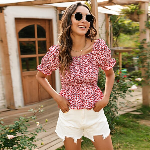 

Ditsy Floral Print Shirred Peplum Top, Red and white
