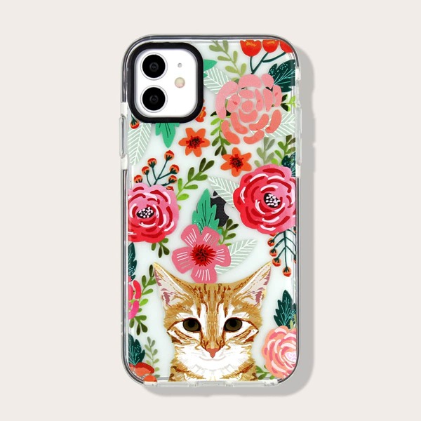 

Flower & Cat Pattern iPhone Case, Multicolor