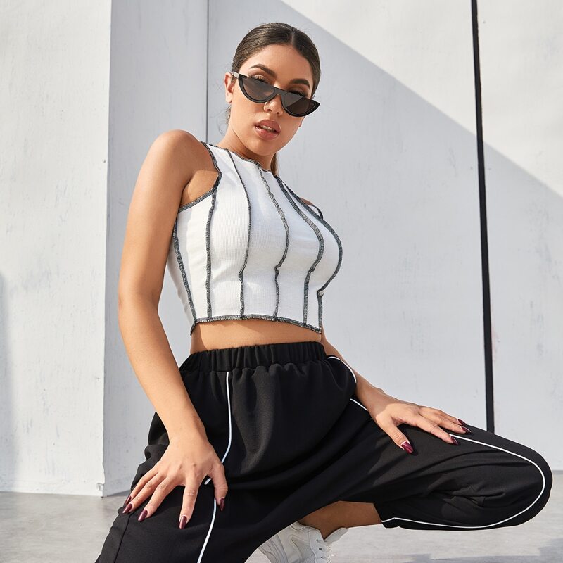 

Contrast Stitch Crop Tank Top, White