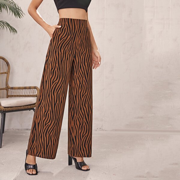

High Waist Zebra Stripe Wide Leg Pants, Mocha brown