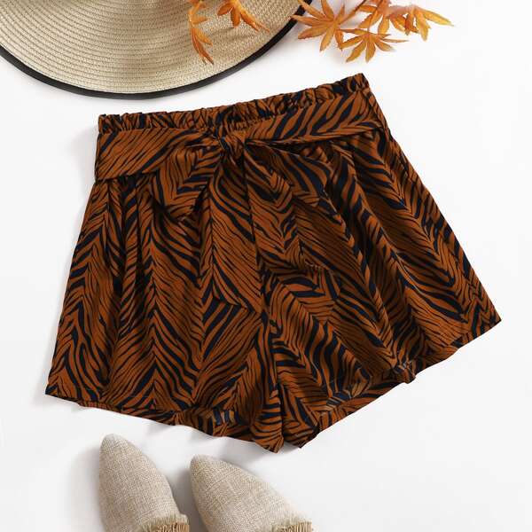 

Paperbag Waist Allover Print Shorts, Brown