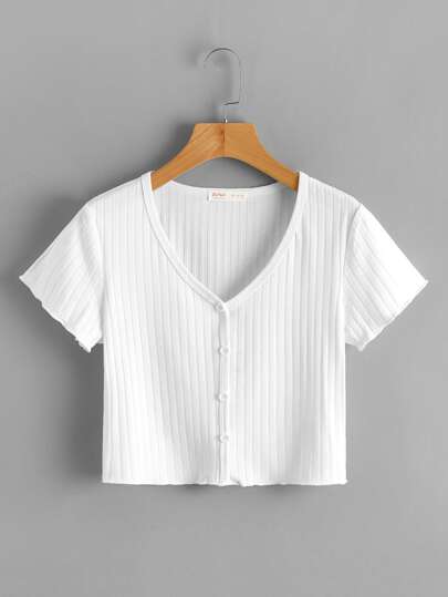 Solid Ribbed Button Front Crop Tee