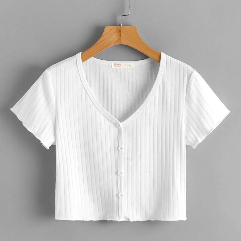 

Solid Ribbed Button Front Crop Tee, White