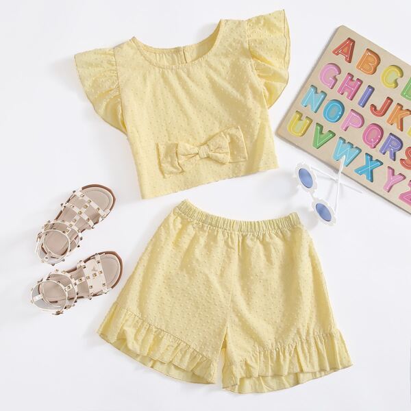 

Toddler Girls Swiss Dot Bow Front Blouse With Ruffle Hem Shorts, Yellow
