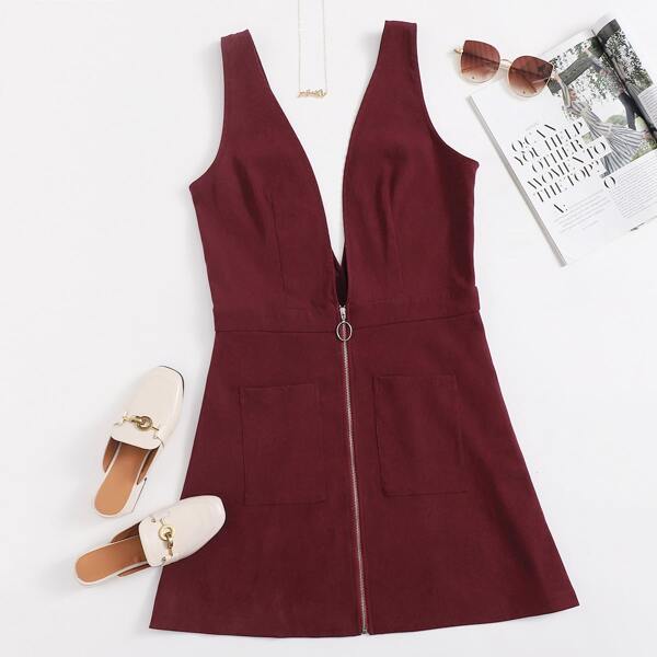 

Plus Corduroy Dual Pocket Zip Up Overall Dress, Maroon